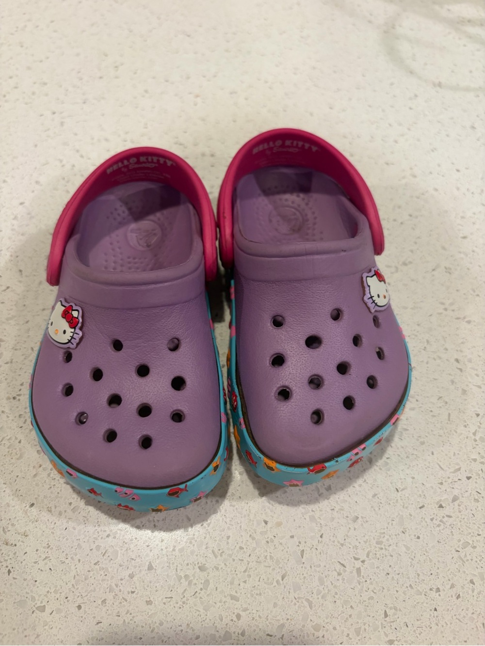 Hello Kitty Lavender Clogs with Pink Strap and Blue Patterned Sole